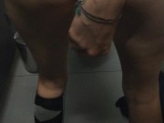 Public restroom masturbation with a carrot while people are around