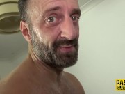 Tied up submissive slut gets facialized 13/16