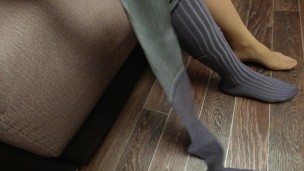 SEXY GIRL IN PANTYHOSE DRESSES AND SHOW gray knee socks FOOT FETISH