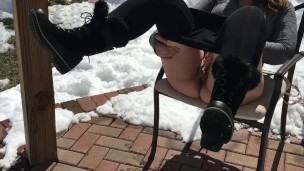 MILF pees out in her snowy backyard in Denver