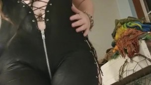 strip tease in my sexy leather lingerie, and I flash my pink pussy*teasing*