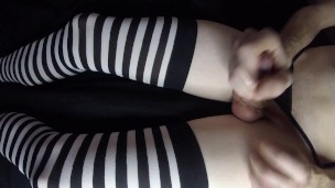 Sissy Boy strokes cock in panties and stockings!!! Thick load!!!