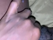 Rubbing hairy pussy with door open, someone in next room