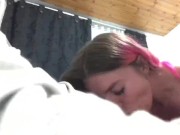 Cute white girl, Emily Rose, deepthroats cock and gets cum all over her 1/16