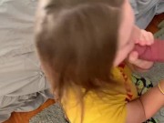 Blonde teen swallows big load after she sucks my huge cock