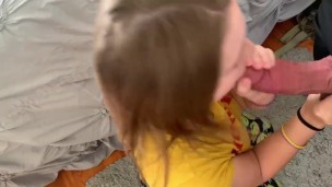 Blonde teen swallows big load after she sucks my huge cock