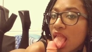 Pretty Ebony Sucks White Dildo and Shows Off Huge Ass