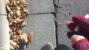 Transgirl Walking Outside Turned On w/Nothing Under Her Pants w/Cigarette