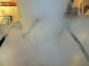 Fat babe listening to music, smoking vape, POV