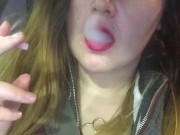 Sexy Red lips Smoking In Car In Leather Jacket