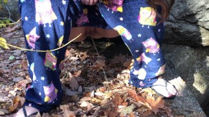 Wife pissing outside in the leaves