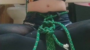 Self bondage orgasm in crossdress with buttplug