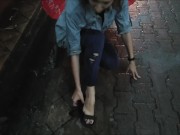 Barefoot Walking Public in the City in the Rain Foot Fetish - Nina Yo
