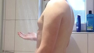Taking a steamy shower and playing with my hard cock