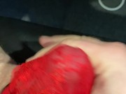 Big watery cum shot through red mesh thong whilst watching porn