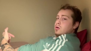 Tattooed man trying to get his dick up for hard masterbation big cumshot