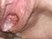 Pushing cum out of my creampied pussy so hard I pee my self