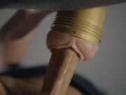 Hung boy fucking fleshlight in 4K. Big uncut white cock. Frog view. Cum.