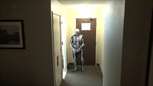 zentai skeleton jerk off at hotel room window and then room door