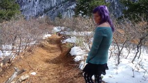 Transgirl pissing in public on a snowy trail