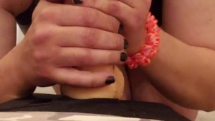 Horny teen plays with massive dildo 