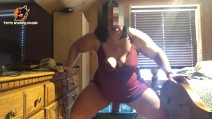 Screaming BBW smoking and riding massive dildo