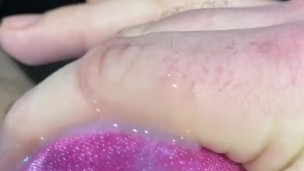 Wanking and cumming in a glitter g-string - big watery cum shot