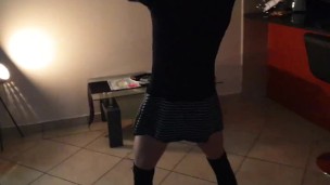 Little white slut twerks her little round ass showing upskirt pussy