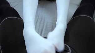 Japanese Uncensored Pink Schoolgirl White Stocking Footjob POV BJ Feet View