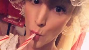 Ts Bunny white Transsexual ladyboy in Houston sucks on a candycane