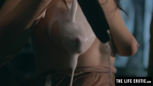 Puffy nippled milf fucking herself hard in a run down shack