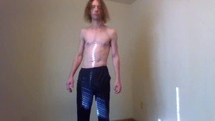 MTF Topless Aroused in Track Pants; Armpit Sniffing and Nipple Teasing