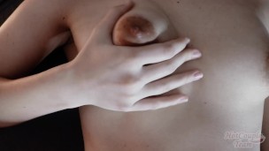 Mutual masturbation. Pulsating cum on her boobs. Pussy close up.