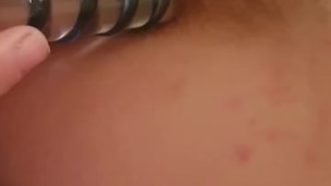 Hairy amateur uses glass dildo to tease asshole 