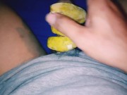 Asian solo male jerking off and rub cock with banana until cumshot