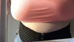 Construction teen sneaks away to play with her boobs at a work site 