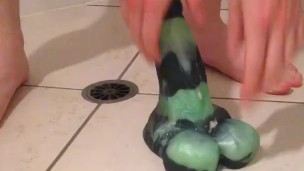 Riding a Bad Dragon toy rough in the shower and cumming hard