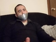 Gagged: Jerking off for Button while duct taped