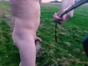 Long naked walk in feild then walk onto main track and cum