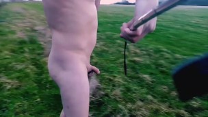Long naked walk in feild then walk onto main track and cum
