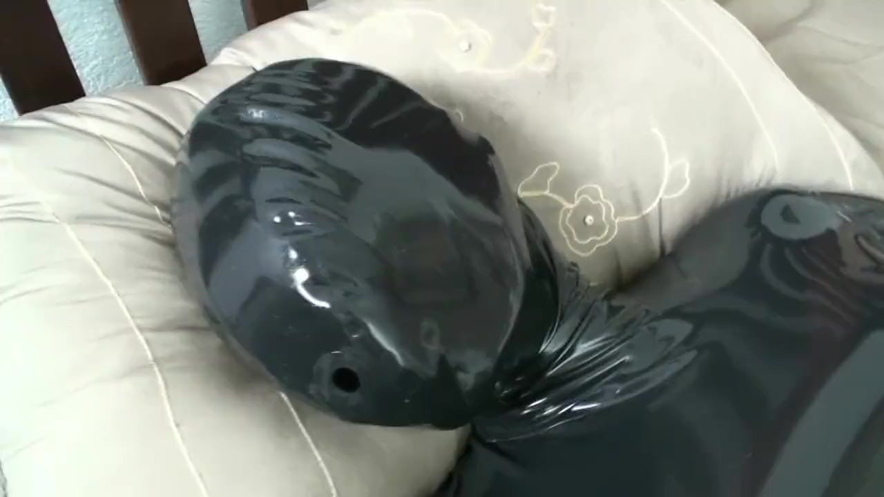 Black Latex Catsuit Encasement With Rubber Mask And Breathplay Masturbation - RedTube