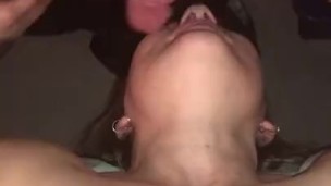 Edge of Bed Throat Fucking Session w/ Huge CumShot On Tits That He Licks Up