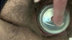 in the bathroom at work, flashing the soda can I’m hiding in my cunt 
