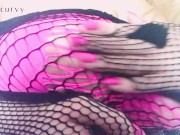 Carlycurvy shows big boobs in fishnet top and plays with her nipples!  4/16