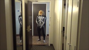 skeleton in wetsuit cums in hall