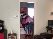 Good sissy maid doing the chores while mistress is out and about 