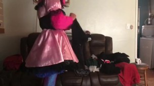 Sissy maid folds clothes 