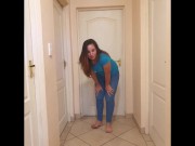Chubby girl desperately needs to piss and wets her jeans 1/16