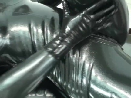 Encased In Black Latex Catsuit With Rubber Mask And Breathplay Masturbation