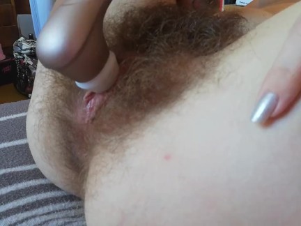 super hairy big clit pussy close up side view orgasm with vibrator